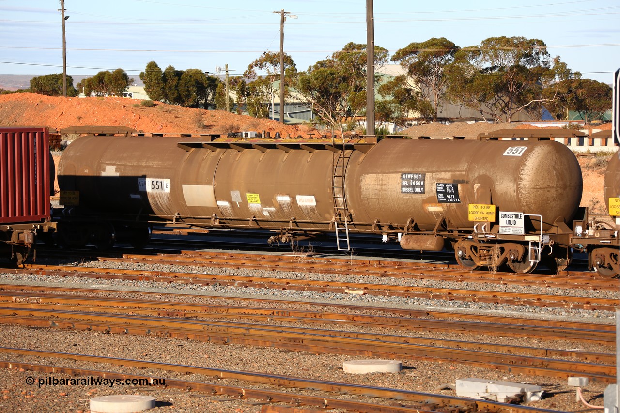 160601 10082
West Kalgoorlie, ATMF 551 fuel tank waggon, one of three built by Tulloch Limited NSW as WJM type in 1971 with a capacity of 96.25 kL one compartment one dome, current capacity of 80500 litres. 551 and 552 for Shell and 553 for BP Oil.
Keywords: ATMF-type;ATMF551;Tulloch-Ltd-NSW;WJM-type;