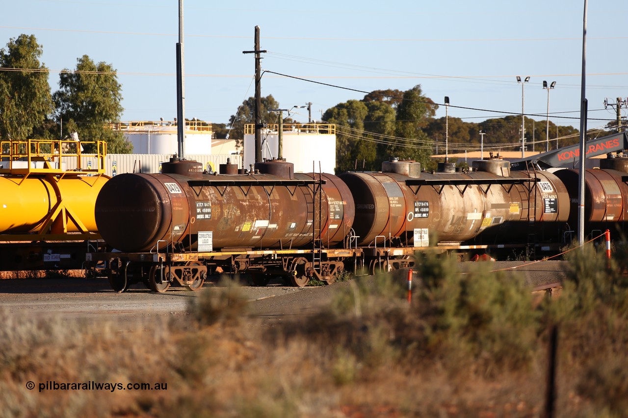 160601 10083
West Kalgoorlie, diesel fuel tankers ATCY 8479 and 8476, built by Perry Engineering SA for Shell for use by South Australian Railways on broad gauge as Ts type, recoded to ATSL, original capacity of 48800 litres, current diesel capacity it 45000 litres.
Keywords: ATCY-type;ATCY8479;ATCY8476;Perry-Engineering-SA;Ts-type;ATSL-type;