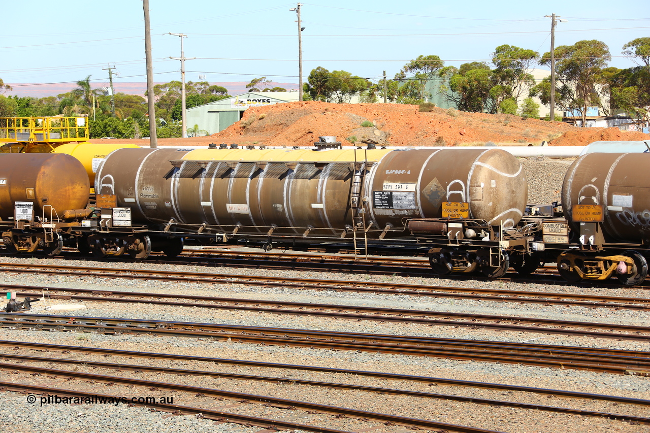 190108 1106
West Kalgoorlie, ATPY type fuel tank waggon ATPY 587 built by Westrail Midland Workshops in 1978 as WJP type 80.66 kL one compartment one dome, for Mobil, later sold to BP. Maximum capacity now of 84,000 litres. Gemco refurbished 06-17.
Keywords: ATPY-type;ATPY587;WAGR-Midland-WS;WJP-type;WJPY-type;