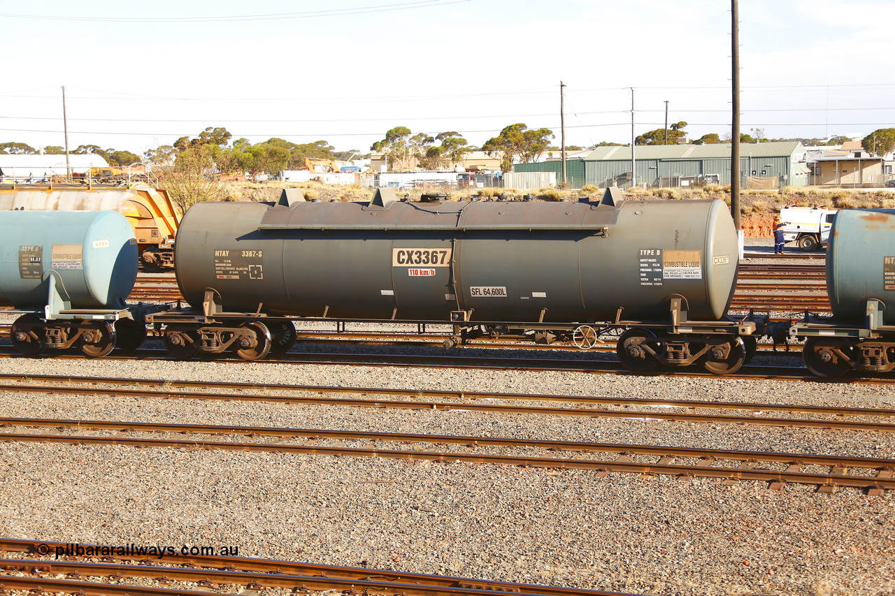 190108 1281
West Kalgoorlie, NTAY type fuel tank waggon NTAY 3367 with 64,600 litre capacity for Caltex. Refurbished by Gemco WA in Feb 2014 from a Caltex NTAF type tank waggon NTAF 367 originally built by Transrail in 1977.
Keywords: NTAY-type;NTAY3367;Transrail-NSW;CAL-type;CAL367;NTAF-type;