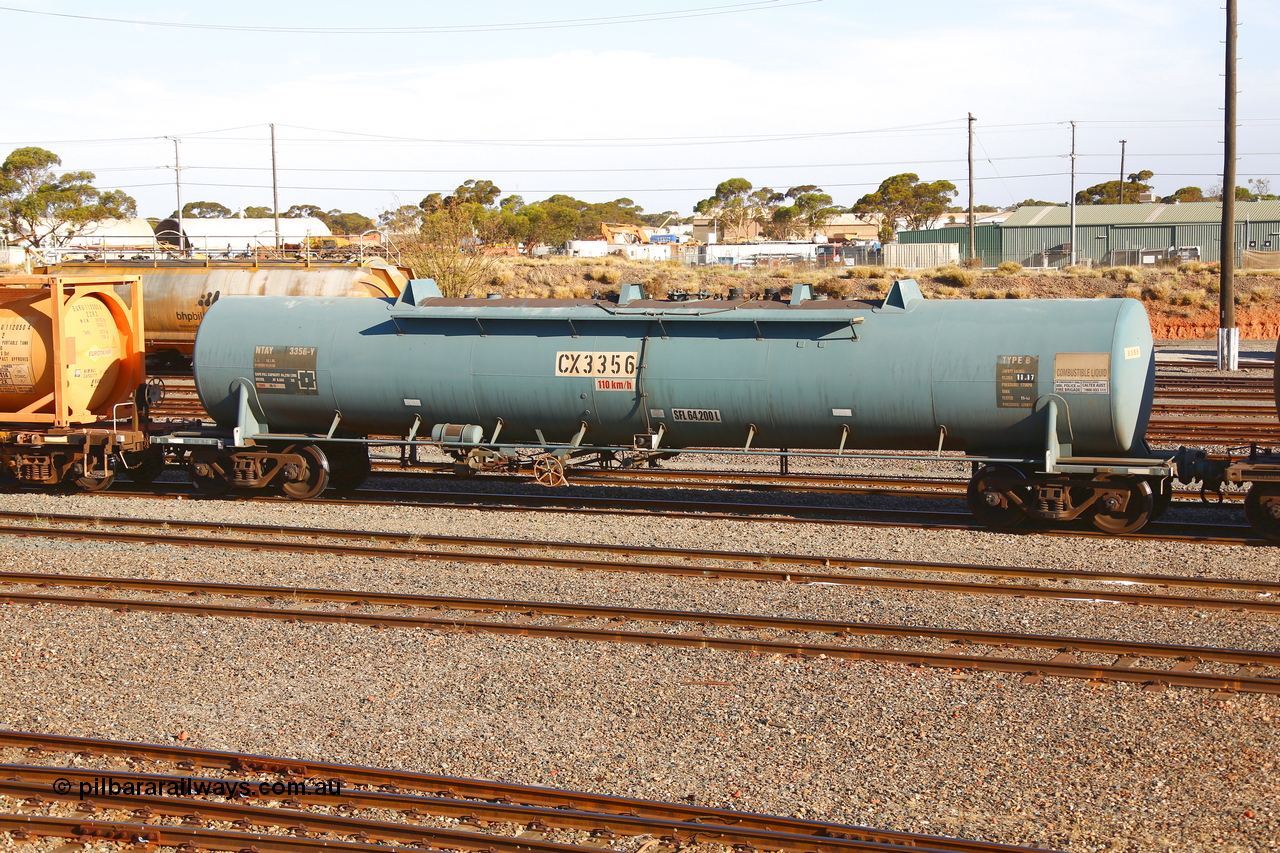 190108 1282
West Kalgoorlie, NTAY type fuel tank waggon NTAY 3356 with 64,200 litre capacity for Caltex. Refurbished by Gemco WA in Nov 2013 from a Caltex NTAF type tank waggon NTAF 356 originally built by Comeng NSW in 1974 as a CTX type CTX 356.
Keywords: NTAY-type;NTAY3356;Comeng-NSW;CTX-type;CTX356;NTAF-type;