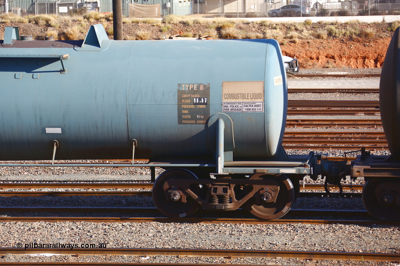 190108 1283
West Kalgoorlie, NTAY type fuel tank waggon NTAY 3356 with 64,200 litre capacity for Caltex. Refurbished by Gemco WA in Nov 2013 from a Caltex NTAF type tank waggon NTAF 356 originally built by Comeng NSW in 1974 as a CTX type CTX 356. Shows A end.
Keywords: NTAY-type;NTAY3356;Comeng-NSW;CTX-type;CTX356;NTAF-type;