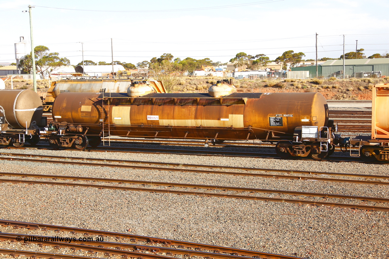 190108 1296
West Kalgoorlie, ATTY type fuel tank waggon ATTY 30672, one of five units built by AE Goodwin NSW in 1970 as WST type, recoded to WSTY and then ATTY. 78,600 litre capacity for BP Oil.
Keywords: ATTY-type;ATTY30672;AE-Goodwin;WST-type;WSTY-type;