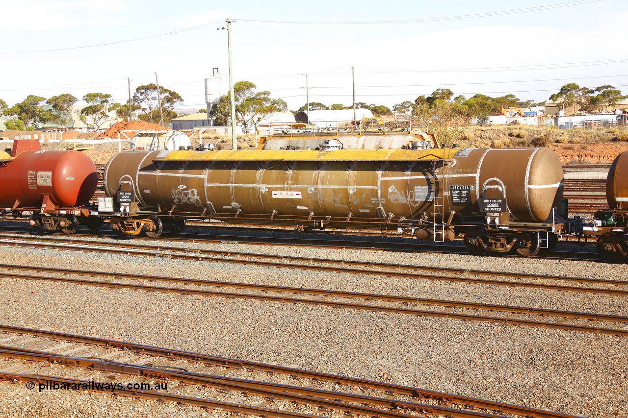 190108 1297
West Kalgoorlie, ATKY type fuel tank waggon ATKY 516 built by Tulloch Ltd NSW in 1971  as WJK type 93,000 litre, three compartment, three dome tank along with sister WJK 515 for BP Oil. Recoded to WJKY. Gemco refurbished 09-16. Maximum capacity 101,000 litres, safe fill 74,000 litres.
Keywords: ATKY-type;ATKY516;Tulloch-Ltd-NSW;WJK-type;WJKY-type;