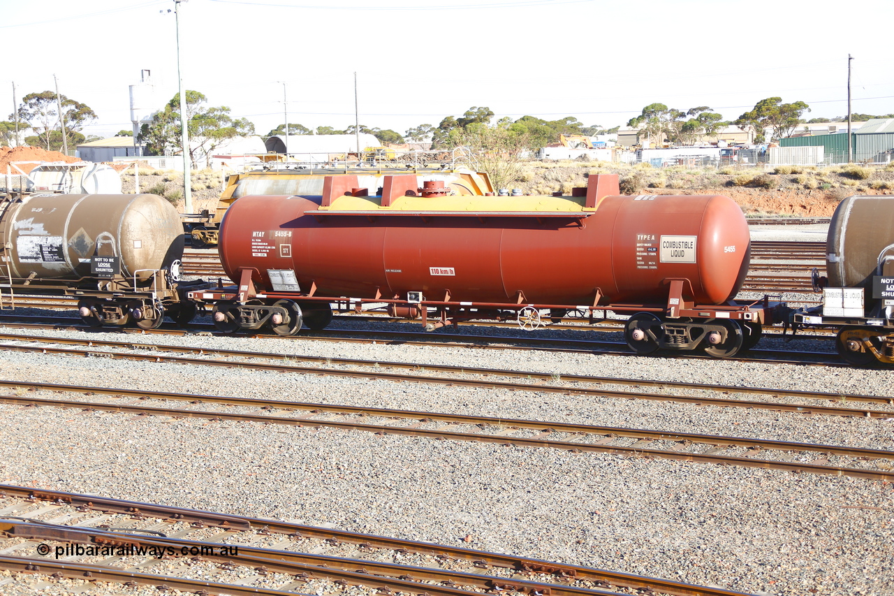 190108 1298
West Kalgoorlie, NTAY type fuel tank waggon NTAY 5455 with 62,000 litre capacity for BP. Refurbished by Gemco WA in June 2014 from ex Mobil Oil NTAF type tank waggon NTAF 5455. In BP Oil ownership. I think this is an Indeng Qld built NTAF 455 the final of seven such tanks built for Mobil of NSW in 1981.
Keywords: NTAY-type;NTAY5455;NTAF-type;Indeng-Qld;NTAF455;