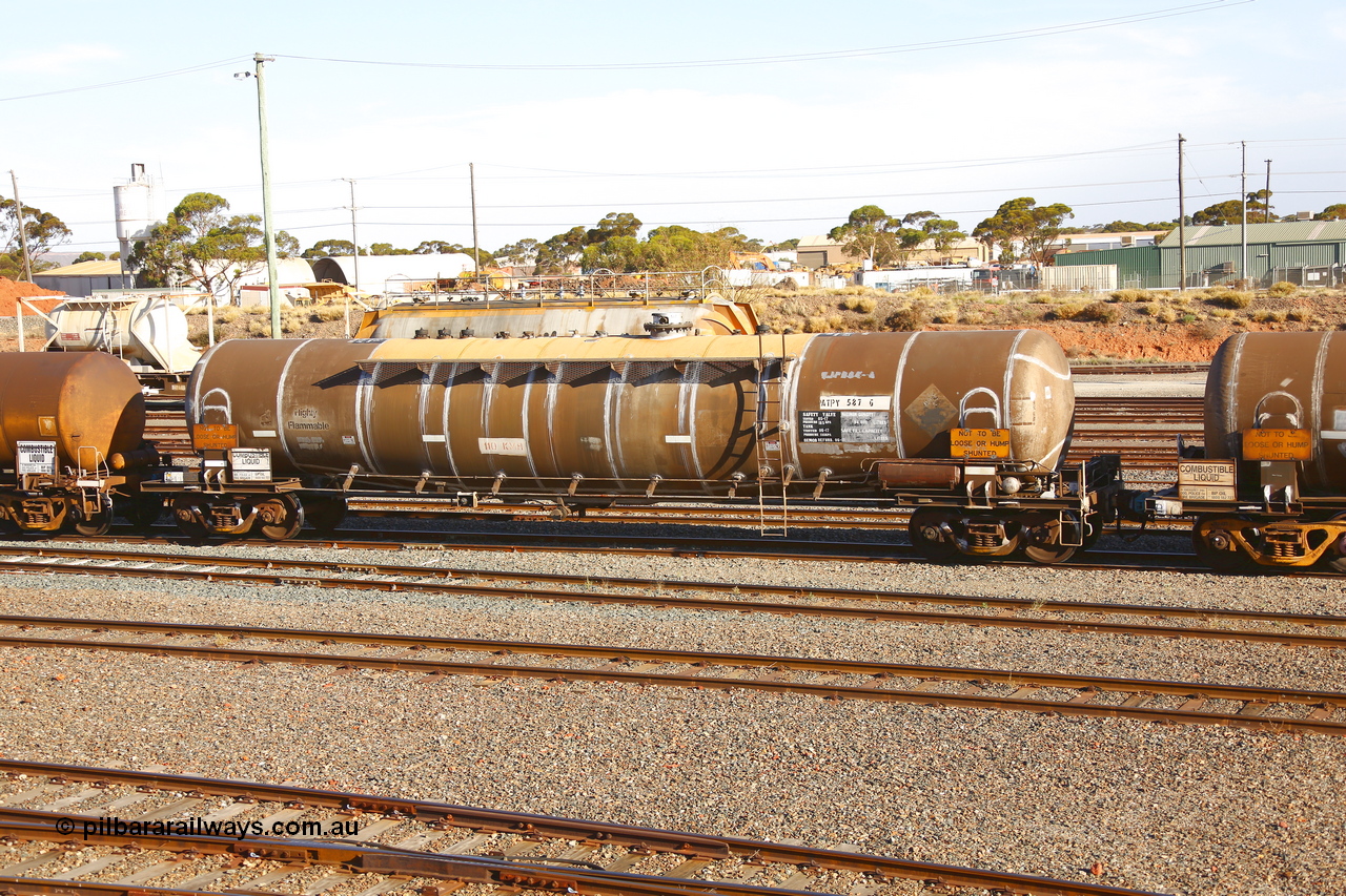 190108 1301
West Kalgoorlie, ATPY type fuel tank waggon ATPY 587 built by Westrail Midland Workshops in 1978 as WJP type 80.66 kL one compartment one dome, for Mobil, later sold to BP. Maximum capacity now of 84,000 litres. Gemco refurbished 06-17.
Keywords: ATPY-type;ATPY587;WAGR-Midland-WS;WJP-type;WJPY-type;
