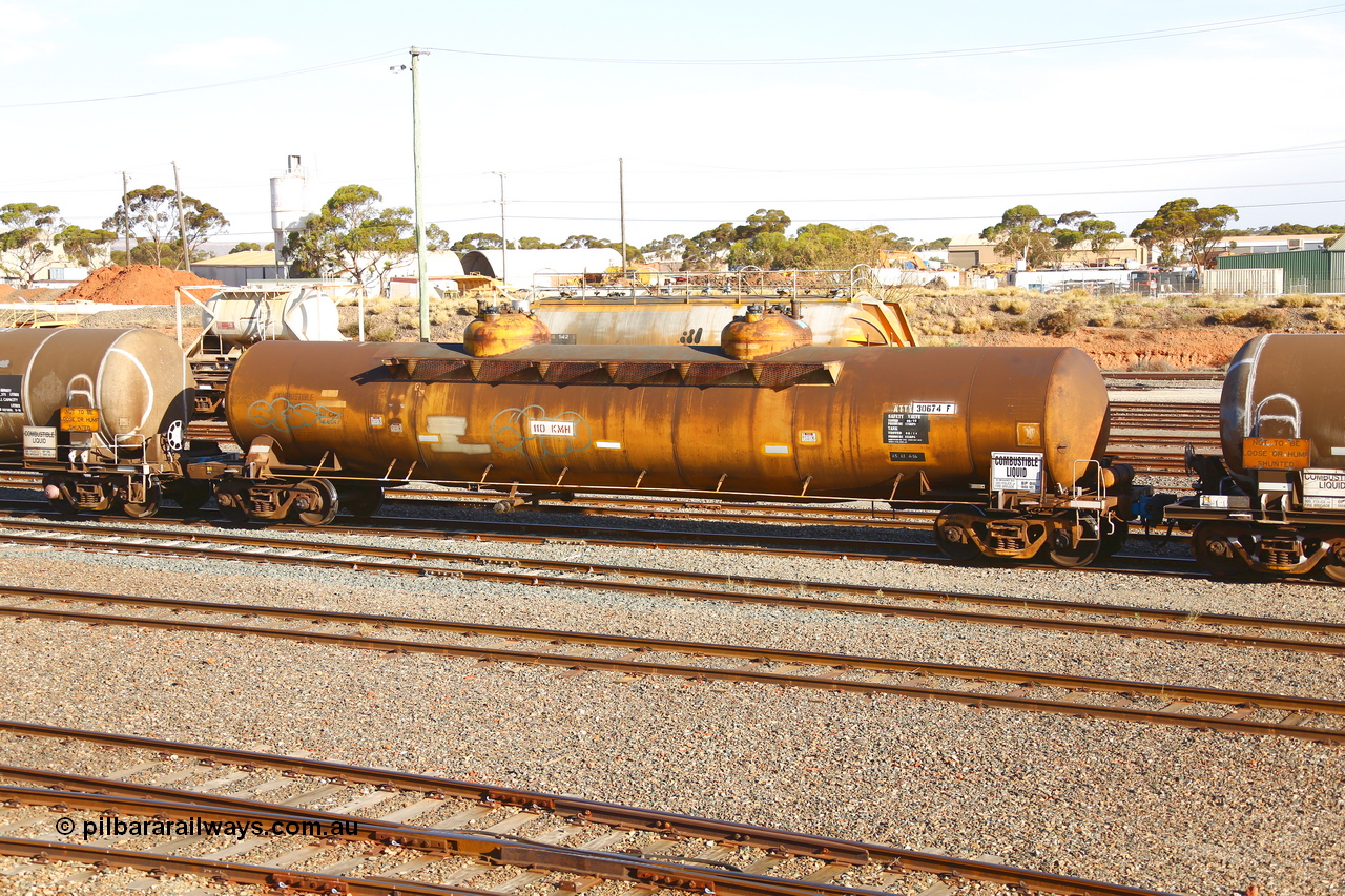 190108 1302
West Kalgoorlie, ATTY type fuel tank waggon ATTY 30674, one of five units built by AE Goodwin NSW in 1970 as WST type, recoded to WSTY and then ATTY. 78,600 litre capacity for BP Oil.
Keywords: ATTY-type;ATTY30674;AE-Goodwin;WST-type;WSTY-type;