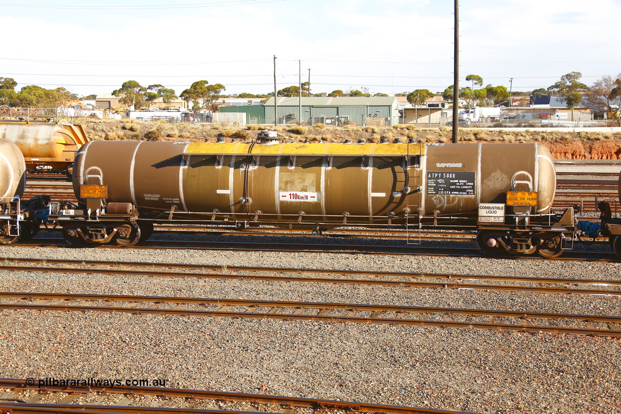 190108 1304
West Kalgoorlie, ATPY 588 fuel tank waggon, built by Westrail Midland Workshops in 1979 for Mobil as WJP type 80,000 litre single compartment and dome, recoded to WJPY, sold to BP Oil in 1985. Gemco WA refurbished November 2016, and now a 80,375 litre maximum capacity.
Keywords: ATPY-type;ATPY588;WAGR-Midland-WS;WJP-type;WJPY-type;