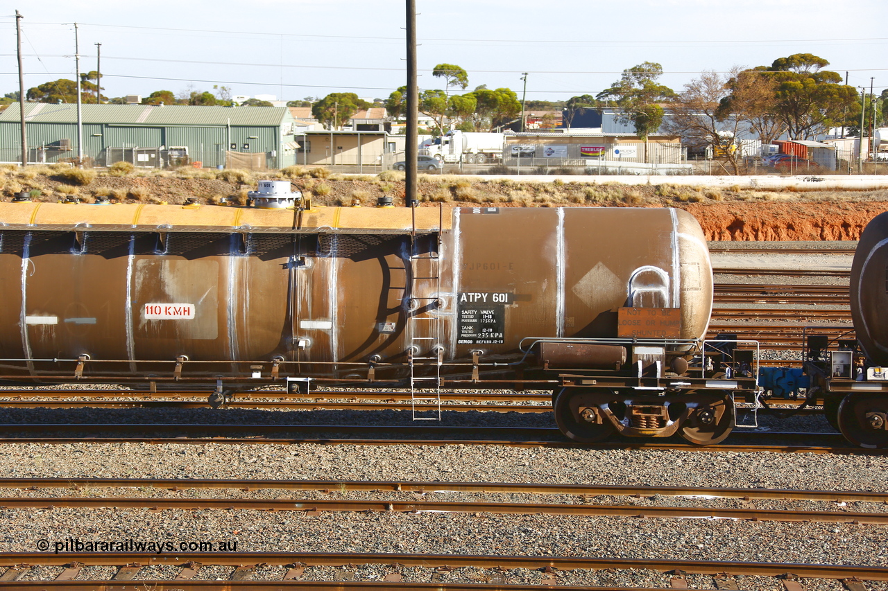 190108 1307
West Kalgoorlie, ATPY 601 fuel tank waggon built by WAGR Midland Workshops in 1976 as WJP type for BP Oil, capacity of 80,500 litres, recoded to WJPY. Refurbished by Gemco WA Dec 2018. Detail of non-handbrake end.
Keywords: ATPY-type;ATPY601;WAGR-Midland-WS;WJP-type;WJPY-type;