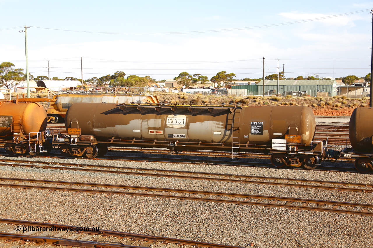 190108 1311
West Kalgoorlie, ATPY 591 fuel tank waggon built by WAGR Midland Workshops in 1976 as one of four WJP type for AMPOL. Here in Caltex service with a 75,000 litre capacity. Previously was with BP.
Keywords: ATPY-type;ATPY591;WAGR-Midland-WS;WJP-type;WJPY-type;