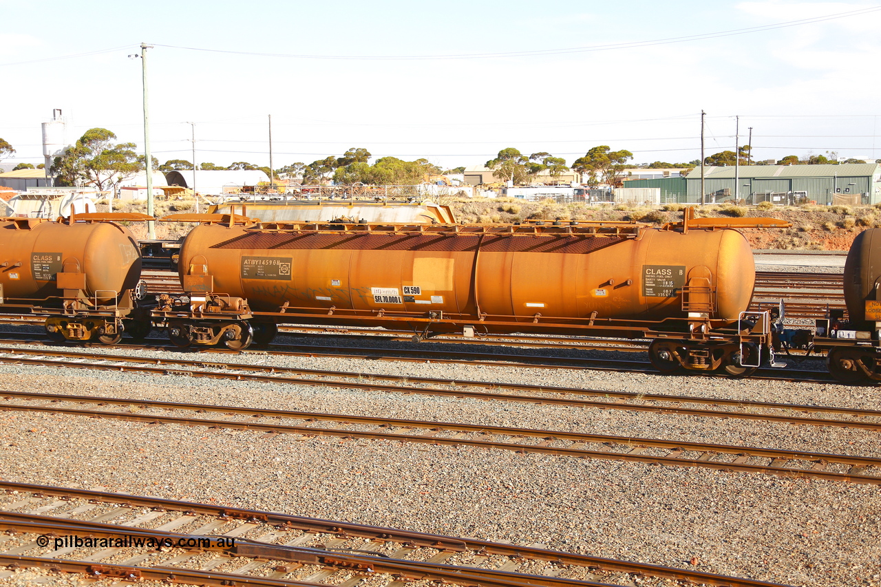 190108 1312
West Kalgoorlie, ATBY 14590 fuel tank waggon built by Westrail Midland Workshops in a batch of nine in 1981-82 for Bain Leasing Pty Ltd as type JPB, 82,000 litres for narrow gauge, recoded to JPBA in 1986, converted to standard gauge as WJPB. Seen here in Caltex service with a 70,000 litre capacity.
Keywords: ATBY-type;ATBY14590;Westrail-Midland-WS;JPB-type;JPBA-type;WJPB-type;