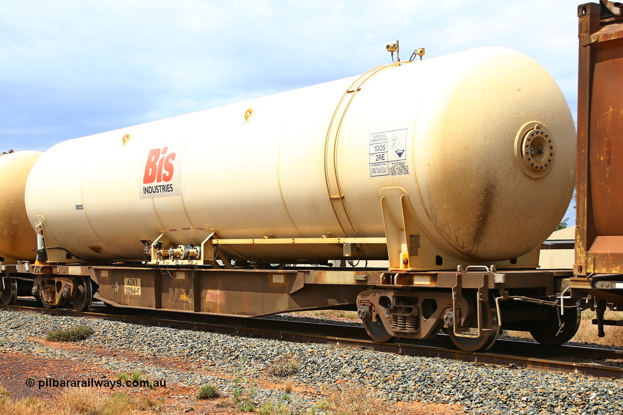 190109 1360
Kalgoorlie, AZKY type anhydrous ammonia tank waggon AZKY 32164, converted from AQNY type flat waggon by Gemco, Forrestfield in September 2015. The AQNY were built by Goninan in 1998 as the WQN type container flat waggons as a batch of sixty two. Fitted with Bis Industries anhydrous ammonia tank CN1220.
Keywords: AZKY-type;AZKY32164;Gemco-WA;rebuild;Goninan-WA;WQN-type;AQNY-type;AQNY32164;