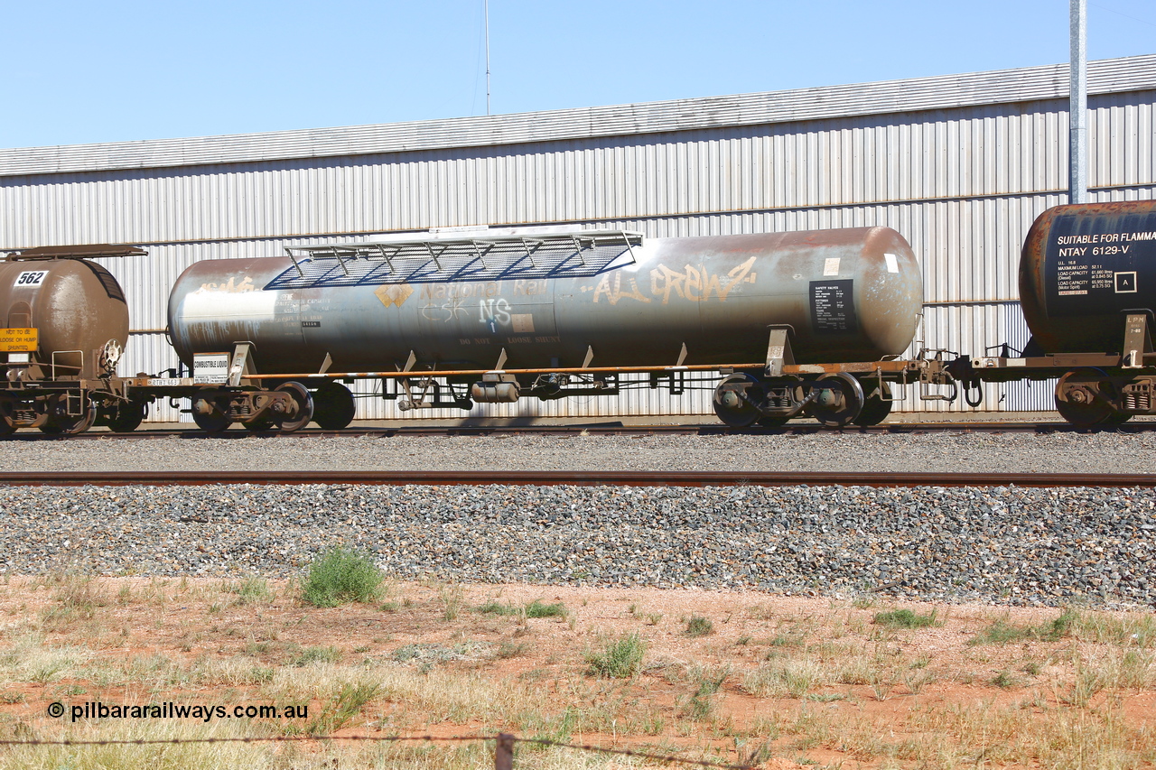190109 1449
West Kalgoorlie, RHTY type tank waggon RHTY 663, one of twelve such waggons built by Industrial Engineering Qld in 1976 for Victorian Railways as TWX type crude benzene tank 56,000 litres. Recoded to VTHX in 1979. After a period of storage ended up in National Rail ownership for Alice Springs traffic, now Pacific National ownership.
Keywords: RHTY-type;RHTY663;Indeng-Qld;TWX-type;VTHX-type;