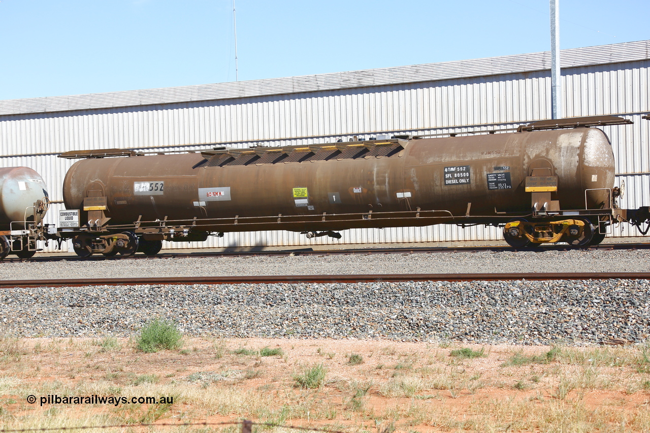 190109 1451
West Kalgoorlie, ATMF 552 fuel tank waggon, one of three built by Tulloch Limited NSW as WJM type in 1971 with a capacity of 96.25 kL one compartment one dome, current capacity of 80500 litres. 551 and 552 for Shell and 553 for BP Oil, E type couplers fitted. Under Viva Energy ownership.
Keywords: ATMF-type;ATMF552;Tulloch-Ltd-NSW;WJM-type;