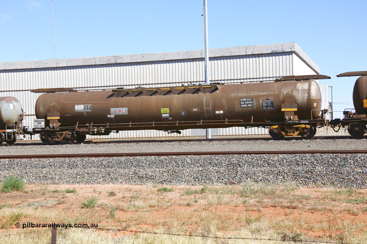 190109 1452
West Kalgoorlie, ATMF 552 fuel tank waggon, one of three built by Tulloch Limited NSW as WJM type in 1971 with a capacity of 96.25 kL one compartment one dome, current capacity of 80500 litres. 551 and 552 for Shell and 553 for BP Oil, E type couplers fitted. Under Viva Energy ownership.
Keywords: ATMF-type;ATMF552;Tulloch-Ltd-NSW;WJM-type;