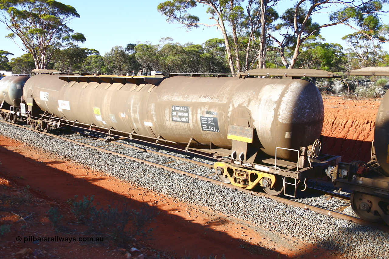 190109 1704
Binduli, empty fuel train 4445, ATMF 552 fuel tank waggon, one of three built by Tulloch Limited NSW as WJM type in 1971 with a capacity of 96.25 kL one compartment one dome, current capacity of 80500 litres. 551 and 552 for Shell and 553 for BP Oil, E type couplers fitted. Under Viva Energy ownership.
Keywords: ATMF-type;ATMF552;Tulloch-Ltd-NSW;WJM-type;