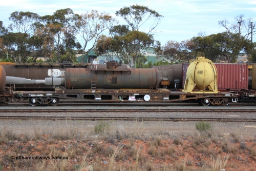 131024 IMG 0649
West Kalgoorlie, AZWY 30373 'Sputnik' loco oil and sand waggon, originally built as an WFX type flat waggon by Tomlinson Steel in a batch of one hundred and sixty one in 1969-70. Recoded to WQCX type in 1980 and to WSP type waste oil and sand waggon in 1986. Peter Donaghy image.
Keywords: Peter-D-Image;AZWY-type;AZWY30373;Tomlinson-Steel-WA;WFX-type;WQCX-type;WSP-type;