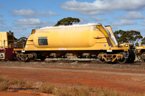 160522 2307
Parkeston, APNY 31155 one of twelve built by WAGR Midland Workshops in 1974 as WNA type pneumatic discharge nickel concentrate waggon, WAGR built and owned copies of the AE Goodwin built WN waggons for WMC.
Keywords: APNY-type;APNY31155;WAGR-Midland-WS;WNA-type;