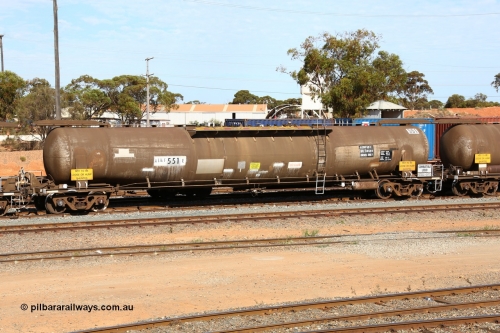 160523 3293
West Kalgoorlie, ATMF 551 fuel tank waggon, one of three built by Tulloch Limited NSW as WJM type in 1971 with a capacity of 96.25 kL one compartment one dome, current capacity of 80500 litres. 551 and 552 for Shell and 553 for BP Oil.
Keywords: ATMF-type;ATMF551;Tulloch-Ltd-NSW;WJM-type;