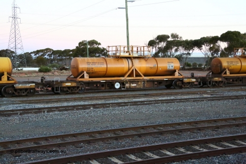 160523 3600
West Kalgoorlie, AQHY 30049 with sulphuric acid tank CSA 0104, originally built by WAGR Midland Workshops in 1964/66 as a WF type flat waggon, then in 1997, following several recodes and modifications, was one of seventy five waggons converted to the WQH type to carry CSA sulphuric acid tanks between Hampton/Kalgoorlie and Perth/Kwinana, part of loaded acid train 2406 arriving back in the yard. CSA 0104 was built by VCare Engineering, India for Access Petrotec & Mining Solutions in 2015.
Keywords: AQHY-type;AQHY30049;WAGR-Midland-WS;WF-type;WFDY-type;WFDF-type;RFDF-type;WQH-type;