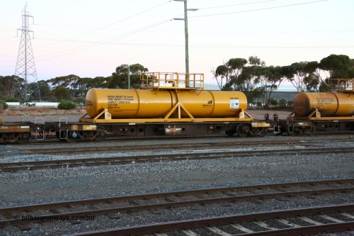 160523 3602
West Kalgoorlie, AQHY 30094 with sulphuric acid tank CSA 0100, originally built by WAGR Midland Workshops in 1964/66 as a WF type flat waggon, then in 1997, following several recodes and modifications, was one of seventy five waggons converted to the WQH type to carry CSA sulphuric acid tanks between Hampton/Kalgoorlie and Perth/Kwinana, part of loaded acid train 2406 arriving back in the yard. CSA 0100 was built by VCare Engineering, India for Access Petrotec & Mining Solutions in 2015.
Keywords: AQHY-type;AQHY30094;WAGR-Midland-WS;WF-type;WFDY-type;WFDF-type;RFDF-type;WQH-type;