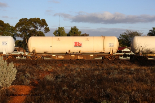 160525 4400
Kalgoorlie, Malcolm freighter, train 3029, AZKY type anhydrous ammonia tank waggon AZKY 32242, the final unit of twelve units built by Goninan WA in 1998 as type WQK for Murrin Murrin traffic, fitted with Bis Industries anhydrous ammonia tank.
Keywords: AZKY-type;AZKY32242;Goninan-WA;WQK-type;