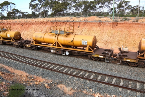 160525 4809
West Kalgoorlie, AQHY 30004 with sulphuric acid tank CSA 0130, originally built by WAGR Midland Workshops in 1964/66 as a WF type flat waggon, then in 1997, following several recodes and modifications, was one of seventy five waggons converted to the WQH type to carry CSA sulphuric acid tanks between Hampton/Kalgoorlie and Perth/Kwinana, part of empty acid train 4405 departing in the yard. CSA 0130 was built by VCare Engineering, India for Access Petrotec & Mining Solutions in 2015.
Keywords: AQHY-type;AQHY30004;WAGR-Midland-WS;WF-type;WFDY-type;WFDF-type;RFDF-type;WQH-type;