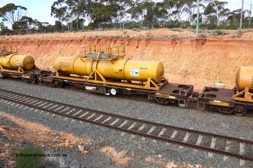 160525 4814
West Kalgoorlie, AQHY 30036 with sulphuric acid tank CSA 0117, originally built by WAGR Midland Workshops in 1964/66 as a WF type flat waggon, then in 1997, following several recodes and modifications, was one of seventy five waggons converted to the WQH type to carry CSA sulphuric acid tanks between Hampton/Kalgoorlie and Perth/Kwinana, part of empty acid train 4405 departing in the yard. CSA 0117 was built by VCare Engineering, India for Access Petrotec & Mining Solutions in 2015.
Keywords: AQHY-type;AQHY30036;WAGR-Midland-WS;WF-type;WFP-type;WFDY-type;WFDF-type;RFDF-type;WQH-type;