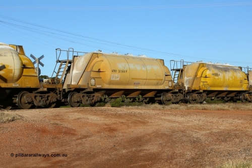 160527 5480
Parkeston, loaded lime and cement shunt train 2C71 from West Kalgoorlie to Parkeston for Cockburn Lime. APNY 31160, one of twelve built by WAGR Midland Workshops in 1974 as WNA type pneumatic discharge nickel concentrate waggon, WAGR built and owned copies of the AE Goodwin built WN waggons for WMC.
Keywords: APNY-type;APNY31160;WAGR-Midland-WS;WNA-type;