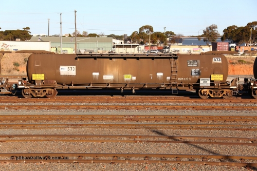 160601 10076
West Kalgoorlie, ATPF 573 fuel tank waggon built by WAGR Midland Workshops 1974 for Shell as WJP type 80.66 kL one compartment one dome, capacity of 80500 litres, Shell Fleet No. 708.
Keywords: ATPF-type;ATPF573;WAGR-Midland-WS;WJP-type;