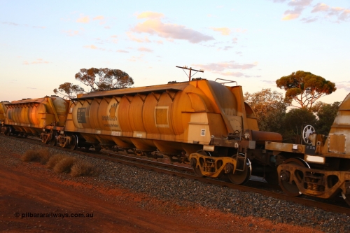 190107 0672
Kalgoorlie, WN 519, pneumatic discharge nickel concentrate waggon, one of thirty units built by AE Goodwin NSW as WN type in 1970 for WMC.
Keywords: WN-type;WN519;AE-Goodwin;