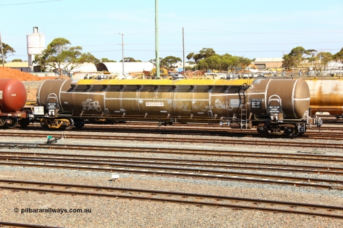 190108 1117
West Kalgoorlie, ATKY type fuel tank waggon ATKY 516 built by Tulloch Ltd NSW in 1971 as WJK type 93,000 litre, three compartment, three dome tank along with sister WJK 515 for BP Oil. Recoded to WJKY. Gemco refurbished 09-16. Maximum capacity 101,000 litres, safe fill 74,000 litres.
Keywords: ATKY-type;ATKY516;Tulloch-Ltd-NSW;WJK-type;WJKY-type;
