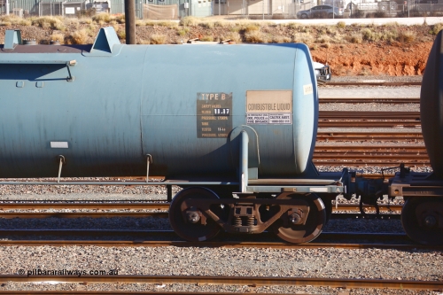190108 1283
West Kalgoorlie, NTAY type fuel tank waggon NTAY 3356 with 64,200 litre capacity for Caltex. Refurbished by Gemco WA in Nov 2013 from a Caltex NTAF type tank waggon NTAF 356 originally built by Comeng NSW in 1974 as a CTX type CTX 356. Shows A end.
Keywords: NTAY-type;NTAY3356;Comeng-NSW;CTX-type;CTX356;NTAF-type;