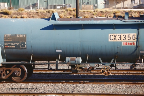 190108 1285
West Kalgoorlie, NTAY type fuel tank waggon NTAY 3356 with 64,200 litre capacity for Caltex. Refurbished by Gemco WA in Nov 2013 from a Caltex NTAF type tank waggon NTAF 356 originally built by Comeng NSW in 1974 as a CTX type CTX 356. Shows brake arrangement.
Keywords: NTAY-type;NTAY3356;Comeng-NSW;CTX-type;CTX356;NTAF-type;