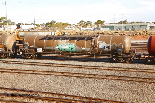 190108 1299
West Kalgoorlie, ATPY type fuel tank waggon ATPY 585, built by WAGR Midland Workshops in 1976 as WJP type with WJP 586 for Mobil. Recoded to WJPY, sold to BP Oil in 1985, 80,000 litres one compartment one dome. Gemco refurbished 12-15, maximum capacity 82,000 litres.
Keywords: ATPY-type;ATPY585;WAGR-Midland-WS;WJP-type;WJPY-type;