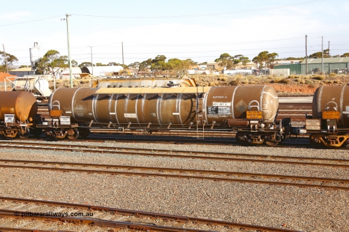 190108 1301
West Kalgoorlie, ATPY type fuel tank waggon ATPY 587 built by Westrail Midland Workshops in 1978 as WJP type 80.66 kL one compartment one dome, for Mobil, later sold to BP. Maximum capacity now of 84,000 litres. Gemco refurbished 06-17.
Keywords: ATPY-type;ATPY587;WAGR-Midland-WS;WJP-type;WJPY-type;