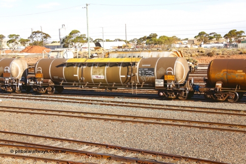 190108 1303
West Kalgoorlie, ATPY 588 fuel tank waggon, built by Westrail Midland Workshops in 1979 for Mobil as WJP type 80,000 litre single compartment and dome, recoded to WJPY, sold to BP Oil in 1985. Gemco WA refurbished November 2016, and now a 80,375 litre maximum capacity.
Keywords: ATPY-type;ATPY588;WAGR-Midland-WS;WJP-type;WJPY-type;
