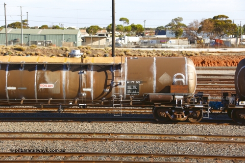 190108 1307
West Kalgoorlie, ATPY 601 fuel tank waggon built by WAGR Midland Workshops in 1976 as WJP type for BP Oil, capacity of 80,500 litres, recoded to WJPY. Refurbished by Gemco WA Dec 2018. Detail of non-handbrake end.
Keywords: ATPY-type;ATPY601;WAGR-Midland-WS;WJP-type;WJPY-type;