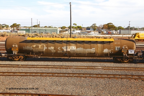 190108 1310
West Kalgoorlie, ATKY 541 fuel tank waggon originally built for H C Sleigh (Golden Fleece) in 1975 by Tulloch Ltd NSW as WJK type. Capacity now of 73,000 litres in service with Caltex.
Keywords: ATKY-type;ATKY541;Tulloch-Ltd-NSW;WJK-type;