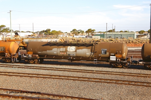 190108 1311
West Kalgoorlie, ATPY 591 fuel tank waggon built by WAGR Midland Workshops in 1976 as one of four WJP type for AMPOL. Here in Caltex service with a 75,000 litre capacity. Previously was with BP.
Keywords: ATPY-type;ATPY591;WAGR-Midland-WS;WJP-type;WJPY-type;