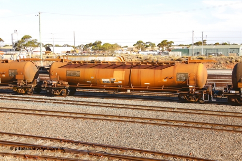 190108 1312
West Kalgoorlie, ATBY 14590 fuel tank waggon built by Westrail Midland Workshops in a batch of nine in 1981-82 for Bain Leasing Pty Ltd as type JPB, 82,000 litres for narrow gauge, recoded to JPBA in 1986, converted to standard gauge as WJPB. Seen here in Caltex service with a 70,000 litre capacity.
Keywords: ATBY-type;ATBY14590;Westrail-Midland-WS;JPB-type;JPBA-type;WJPB-type;