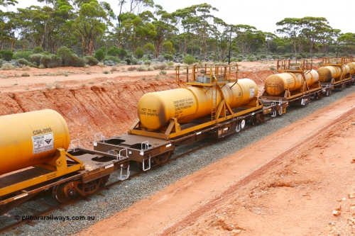 190109 1408
Binduli, AQHY 30117 with CSA 0096, originally built by the WAGR Midland Workshops in 1964/66 as a WF type flat waggon, then in 1997, following several recodes and modifications, was one of seventy five waggons converted to the WQH type to carry CSA sulphuric acid tanks between Hampton/Kalgoorlie and Perth/Kwinana. CSA 0096 was built by VCare Engineering, India for Access Petrotec & Mining Solutions.
Keywords: AQHY-type;AQHY30117;WAGR-Midland-WS;WF-type;WFDY-type;WFDF-type;RFDF-type;WQH-type;