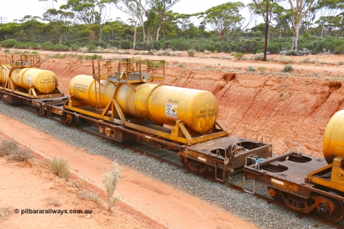 190109 1415
Binduli, AQHY 30095 with CSA 0125, originally built by the WAGR Midland Workshops in 1964/66 as a WF type flat waggon, then in 1997, following several recodes and modifications, was one of seventy five waggons converted to the WQH type to carry CSA sulphuric acid tanks between Hampton/Kalgoorlie and Perth/Kwinana. CSA 0125 was built by VCare Engineering, India for Access Petrotec & Mining Solutions.
Keywords: AQHY-type;AQHY30095;WAGR-Midland-WS;WF-type;WFP-type;WFDY-type;WFDF-type;RFDF-type;WQH-type;