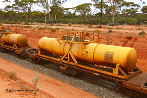 190109 1421
Binduli, AQHY 30089 with CSA 0085, originally built by the WAGR Midland Workshops in 1964/66 as a WF type flat waggon, then in 1997, following several recodes and modifications, was one of seventy five waggons converted to the WQH type to carry CSA sulphuric acid tanks between Hampton/Kalgoorlie and Perth/Kwinana. CSA 0085 was built by Acid Plant Management Services, WA.
Keywords: AQHY-type;AQHY30089;WAGR-Midland-WS;WF-type;WFDY-type;WFDF-type;RFDF-type;WQH-type;