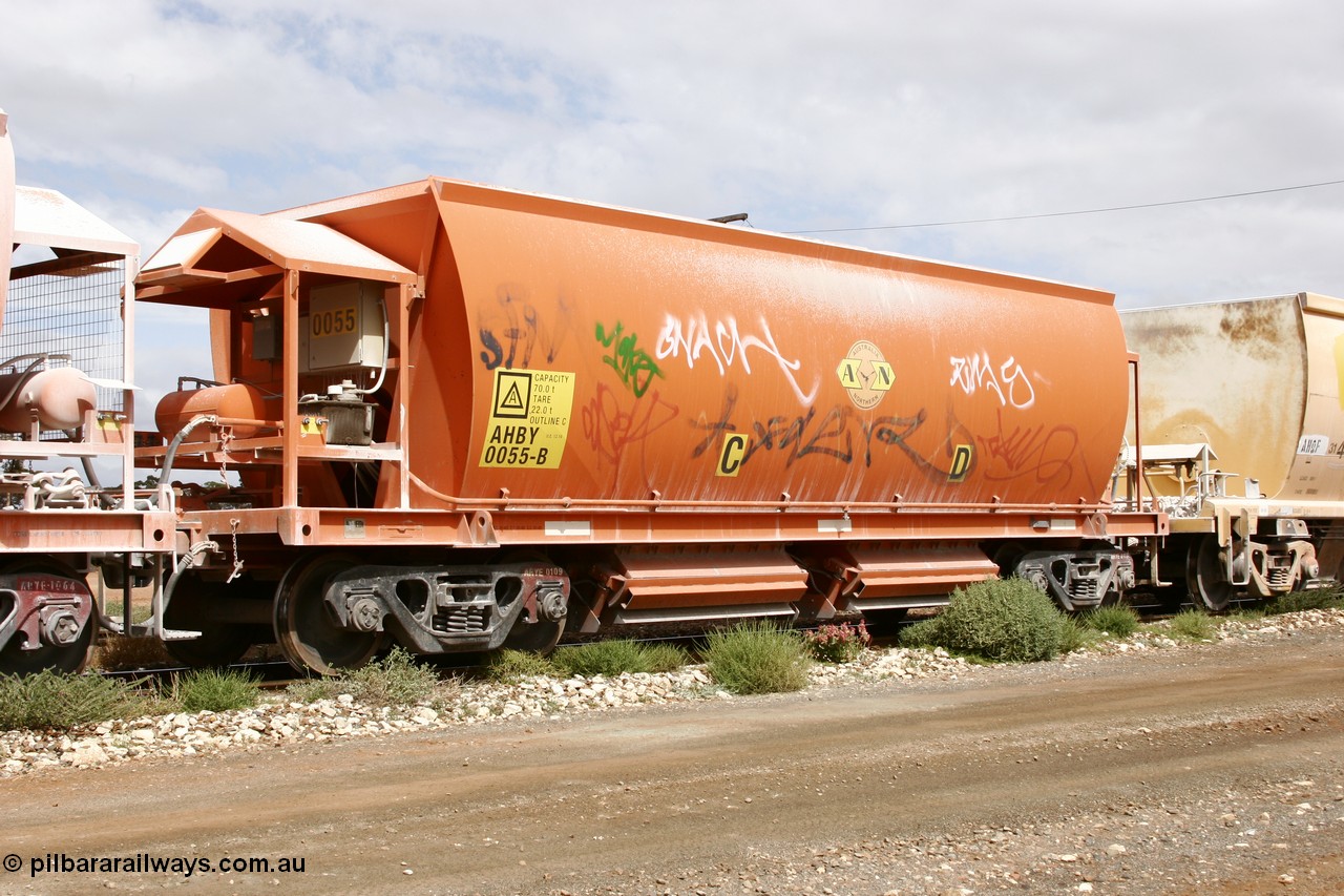 051101 6414
Parkeston, AHBY 0055 one of sixty five AHBY type ballast hoppers built by EDI Rail at their Port Augusta Workshops for ARG in 2001-02 for the Darwin line, also the FMG construction in 2008, here in limestone quarry products service.
Keywords: AHBY-type;AHBY0055;EDI-Rail-Port-Augusta-WS;