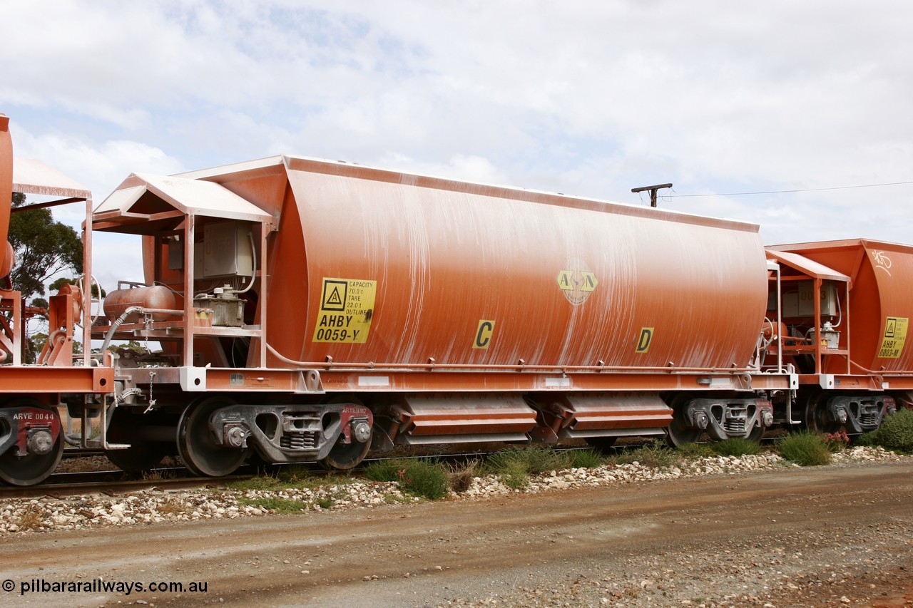 051101 6420
Parkeston, AHBY 0059 one of sixty five AHBY type ballast hoppers built by EDI Rail at their Port Augusta Workshops for ARG in 2001-02 for the Darwin line, also the FMG construction in 2008, here in limestone quarry products service.
Keywords: AHBY-type;AHBY0059;EDI-Rail-Port-Augusta-WS;