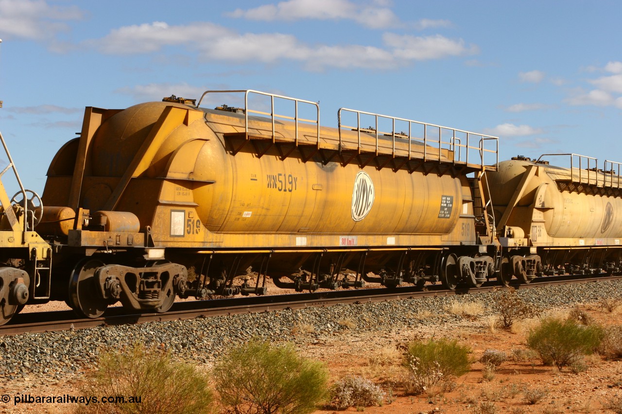 060527 4070
Leonora, WN 519, pneumatic discharge nickel concentrate waggon, one of thirty built by AE Goodwin NSW as WN type in 1970 for WMC.
Keywords: WN-type;WN519;AE-Goodwin;
