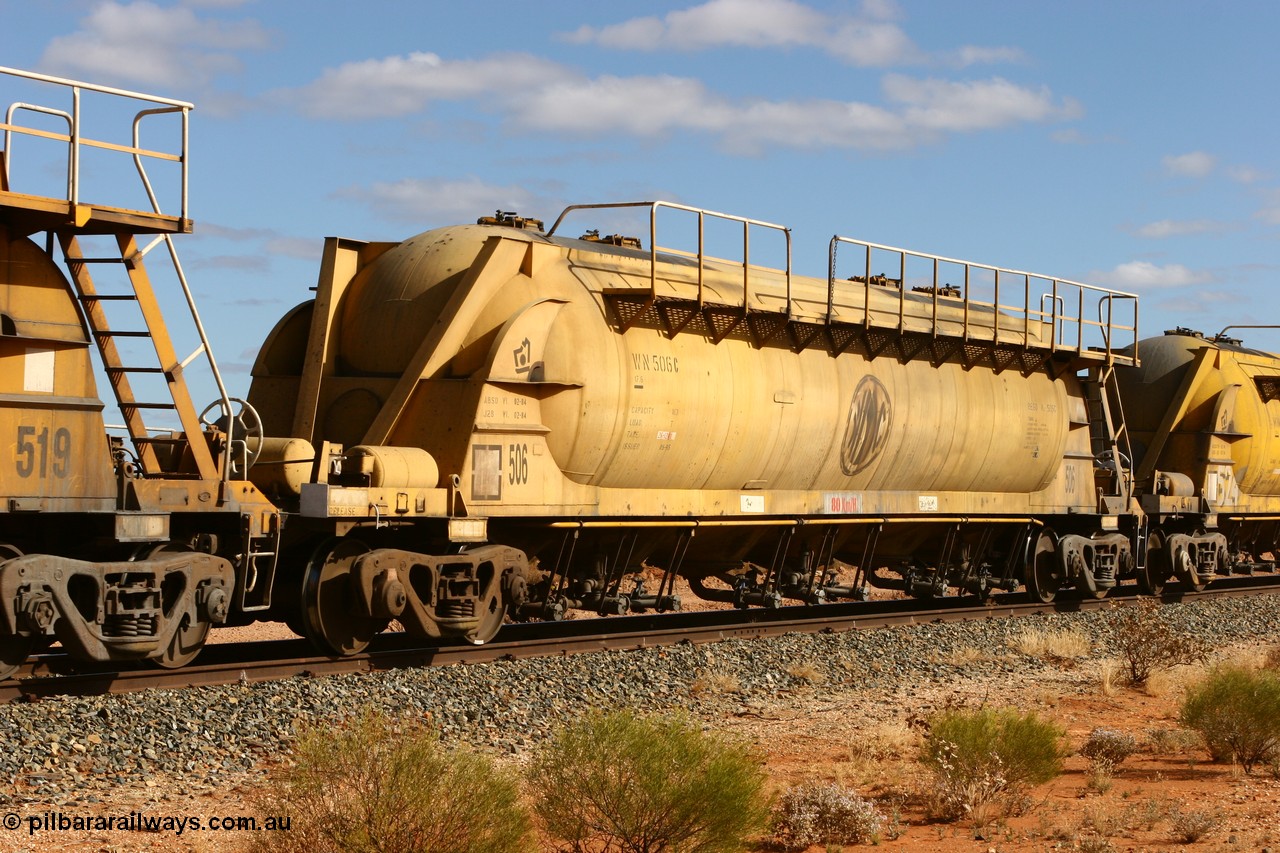 060527 4071
Leonora, WN 506, pneumatic discharge nickel concentrate waggon, one of thirty built by AE Goodwin NSW as WN type in 1970 for WMC.
Keywords: WN-type;WN506;AE-Goodwin;