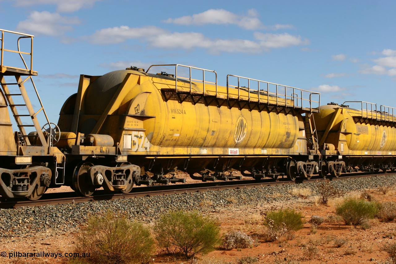 060527 4072
Leonora, WN 524, pneumatic discharge nickel concentrate waggon, one of thirty built by AE Goodwin NSW as WN type in 1970 for WMC.
Keywords: WN-type;WN524;AE-Goodwin;