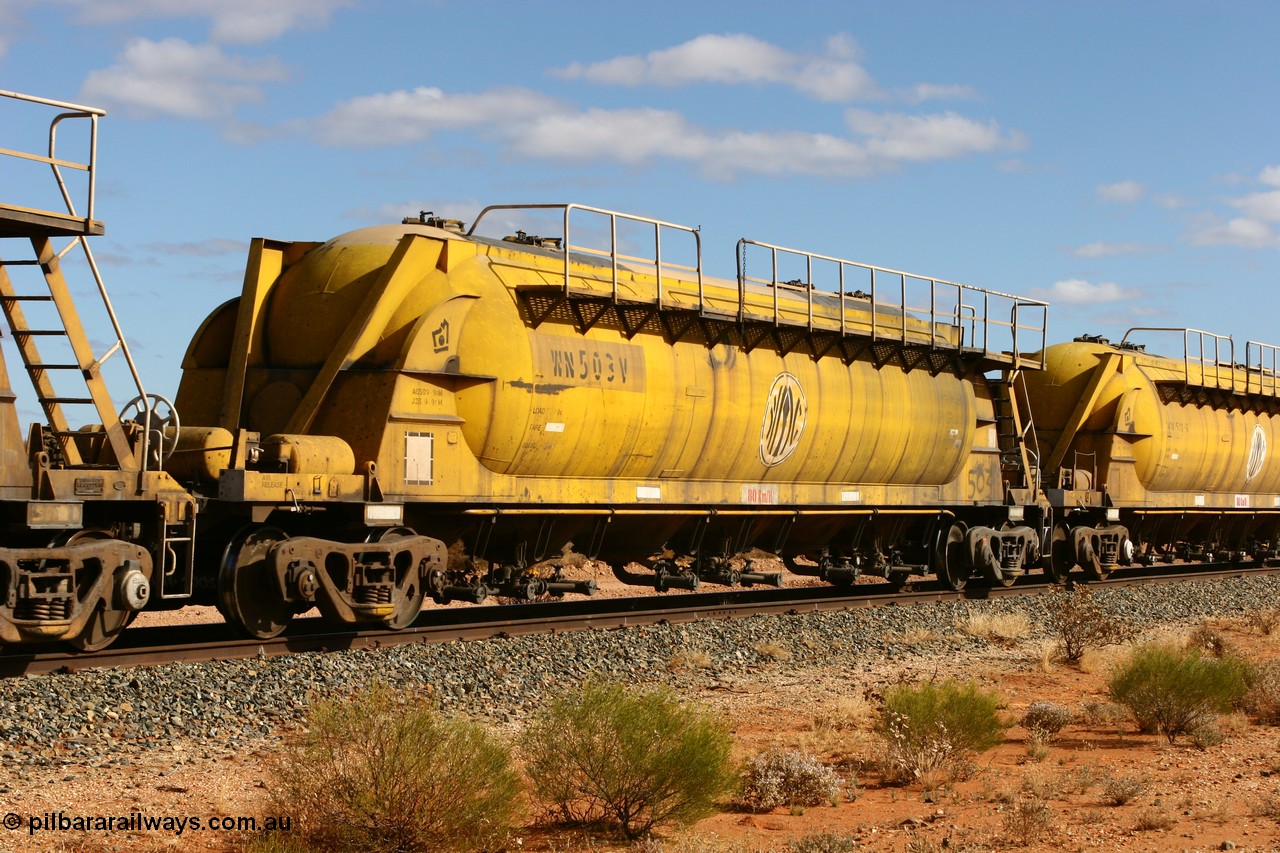 060527 4073
Leonora, WN 503, pneumatic discharge nickel concentrate waggon, one of thirty built by AE Goodwin NSW as WN type in 1970 for WMC.
Keywords: WN-type;WN503;AE-Goodwin;
